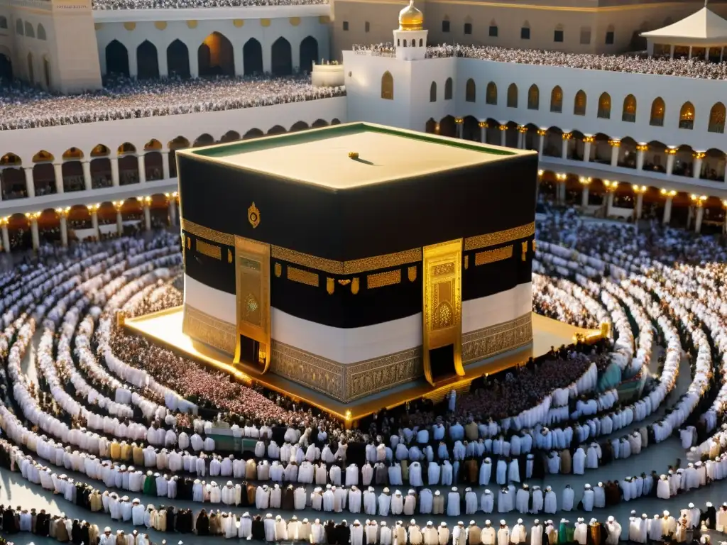 Vista impresionante de la Kaaba en Mecca, con peregrinos durante el Hajj