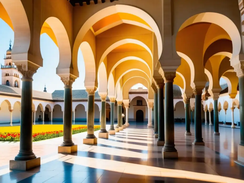 Vista impresionante del legado del Califato de Córdoba, con arcos de herradura, columnas talladas y un patio bañado por la cálida luz del sol