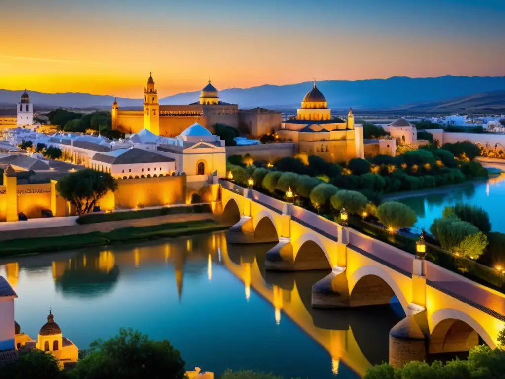 Vista impresionante del legado del Califato de Córdoba con la majestuosa Mezquita-Catedral, el Puente Romano y las calles llenas de influencias islámicas, cristianas y judías