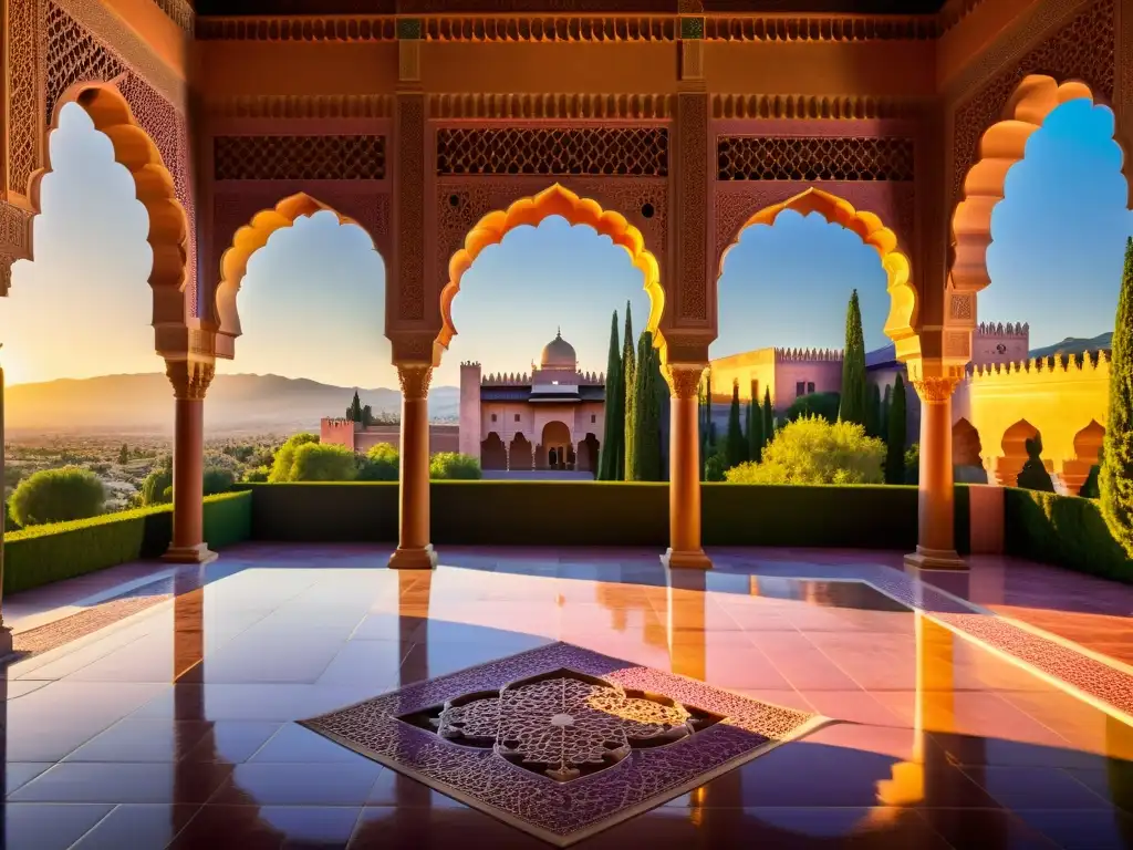 Vista impresionante del legado islámico Alhambra España al atardecer con luz dorada y detalles arquitectónicos