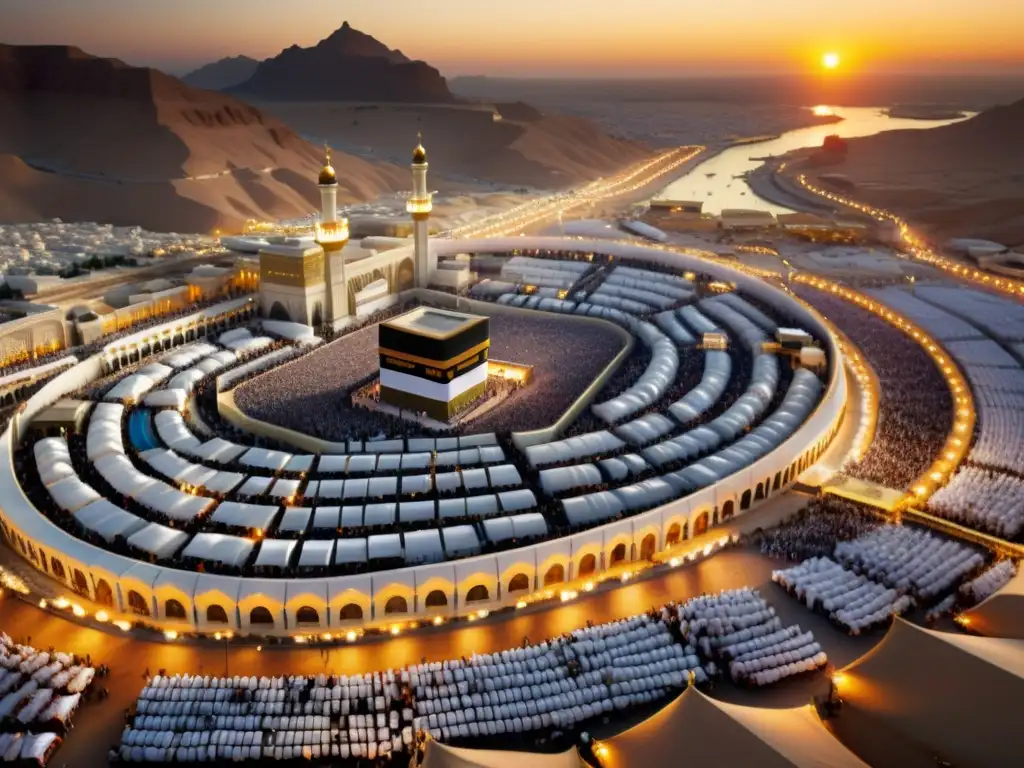 Vista impresionante de la logística del Hajj en la Era Moderna, con peregrinos y tiendas en el desierto al atardecer