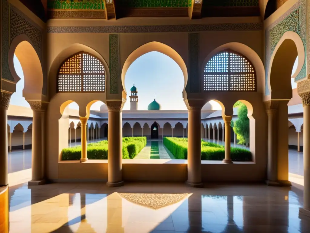 Vista impresionante de una madrasa islámica en África con detalles arquitectónicos, mosaicos vibrantes y estudiantes discutiendo en el patio