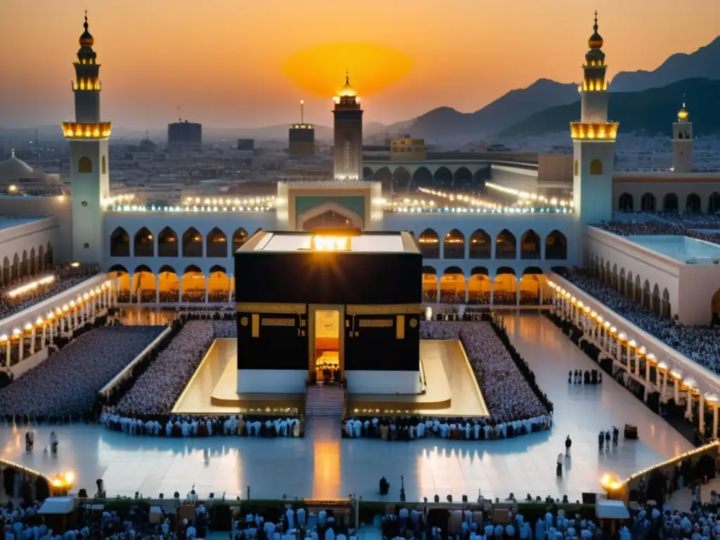 Vista impresionante del Masjid al-Haram en La Meca con la Kaaba en el centro, rodeada de peregrinos