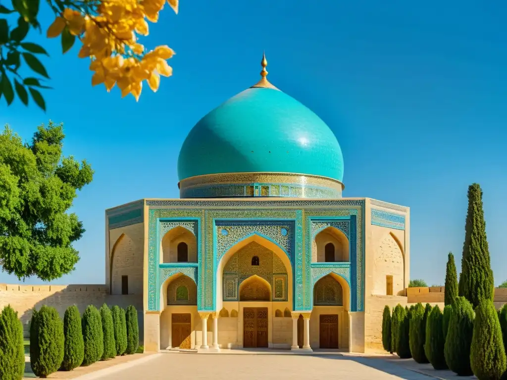 Vista impresionante del Mausoleo Samanid en Bukhara, Uzbekistán, con detalles vívidos y cielo azul