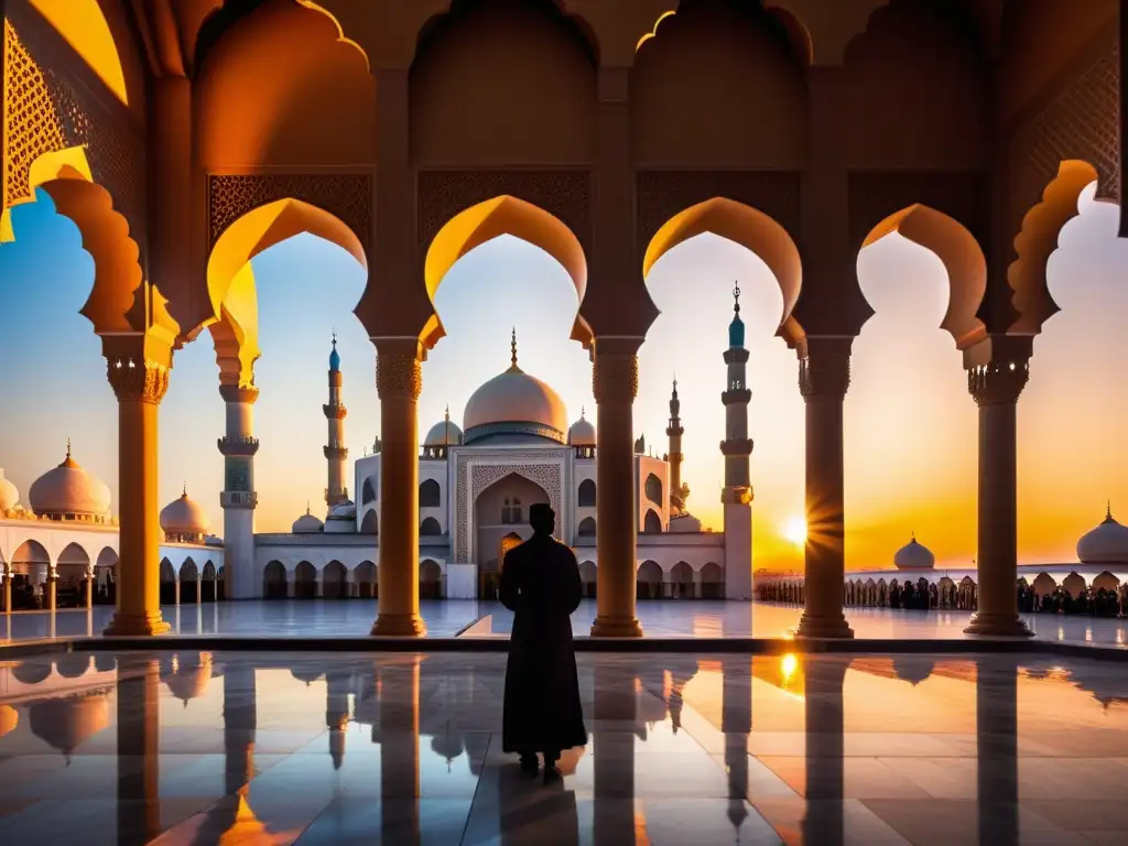 Vista impresionante de una mezquita adornada al atardecer, con fieles entrando