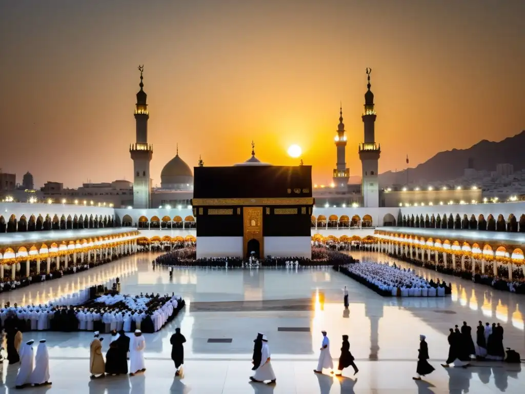 Una vista impresionante de la Mezquita AlHaram con la Kaaba en el centro, rodeada de peregrinos realizando el Tawaf