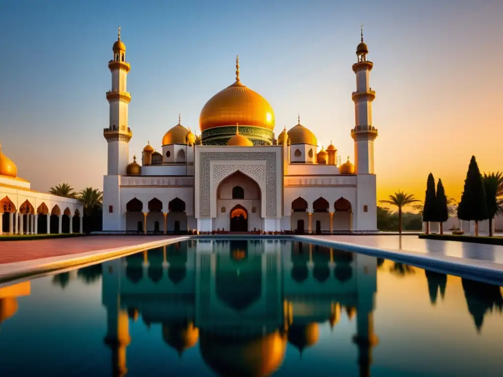 Vista impresionante de una mezquita al atardecer, bañada por la cálida luz dorada del sol poniente