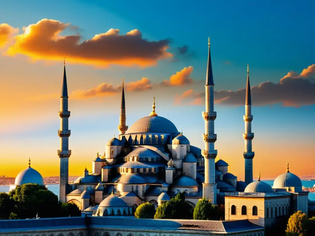 Vista impresionante de la Mezquita Azul en Estambul al atardecer, evocando la evolución arquitectura mezquitas islámicas