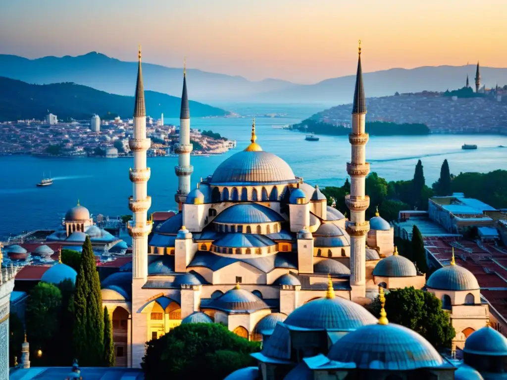 Vista impresionante de la Mezquita Azul al amanecer en Estambul, con su intrincada arquitectura y detalles históricos