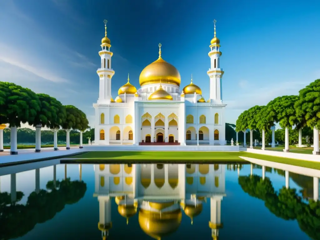 Vista impresionante de la Mezquita Sultan Omar Ali Saifuddien en Brunei, reflejada en aguas tranquilas