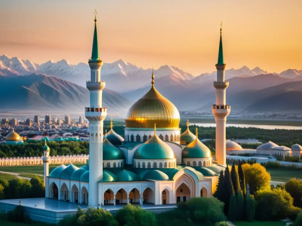 Vista impresionante de la Mezquita del Corazón de Chechenia al atardecer, bañada en cálida luz dorada, con montañas al fondo