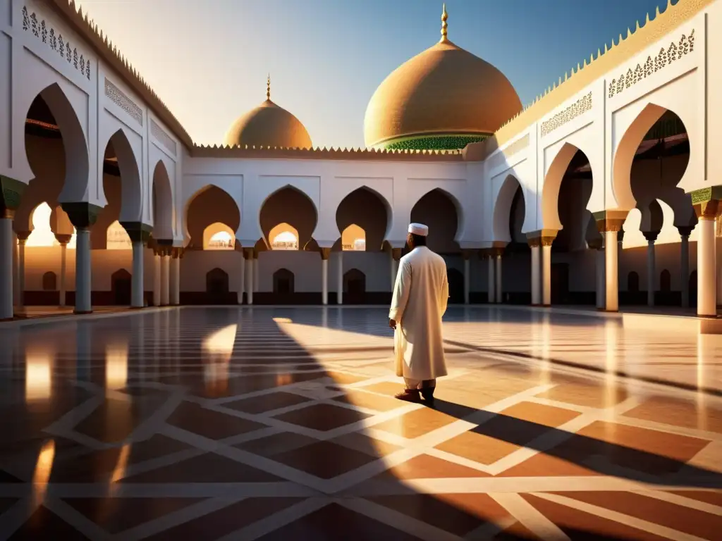 Vista impresionante de la mezquita histórica de Medina al atardecer, llena de adoradores