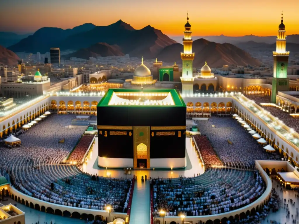 Vista impresionante de la Mezquita y la Kaaba en Mecca, con detalles arquitectónicos, multitud y colores vibrantes