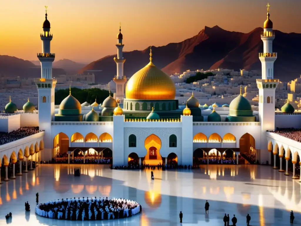 Vista impresionante de la Mezquita en La Meca, con detalles arquitectónicos, fieles y un atardecer dorado