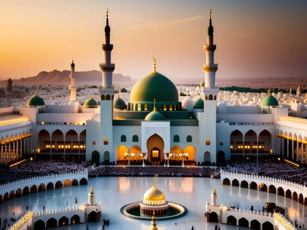 Vista impresionante de la Mezquita del Profeta en Medina al atardecer, llena de fieles, destacando su arquitectura y atmósfera espiritual