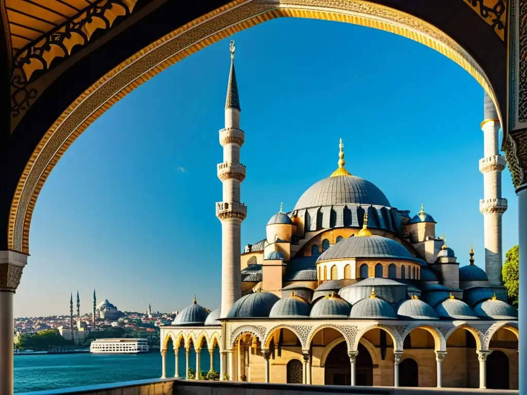 Vista impresionante de la Mezquita Nueva en el corazón de Estambul, con sus minaretes y cúpulas destacados, capturando su grandeza histórica y belleza