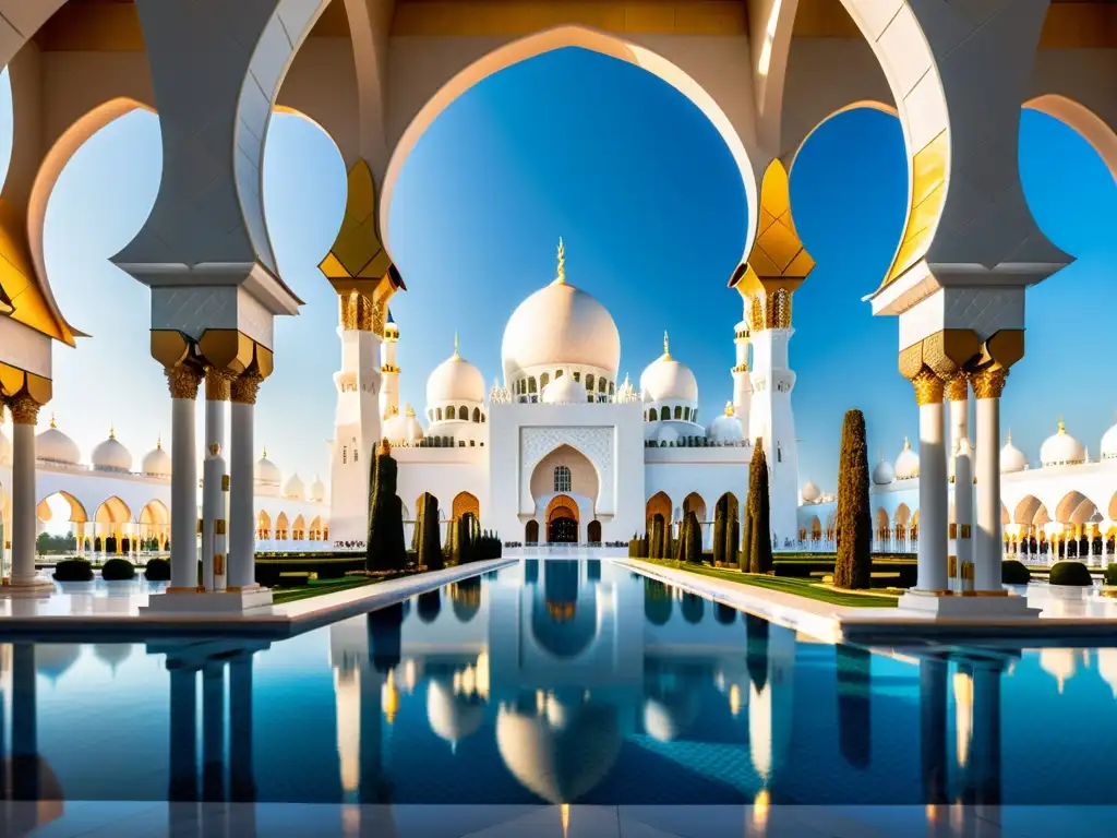 Vista impresionante de la Mezquita Sheikh Zayed en Abu Dhabi, con su arquitectura imponente y detalles ornamentales