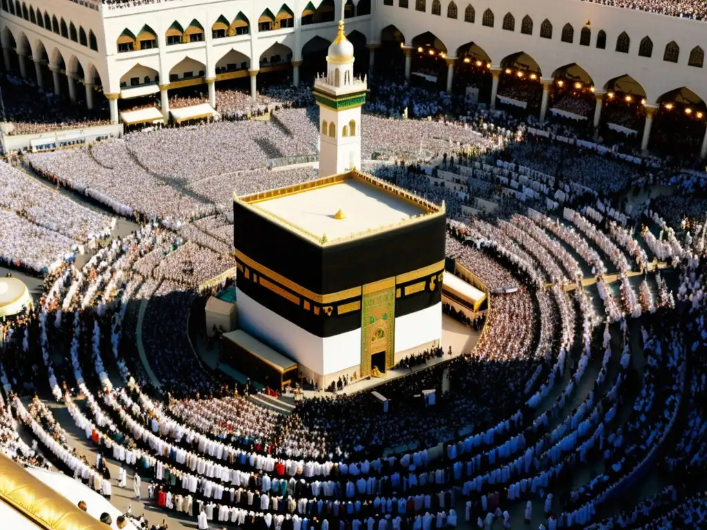 Vista impresionante de la multitud en torno a la Mezquita al-Haram durante el Hajj, destacando la huella ecológica y soluciones sostenibles