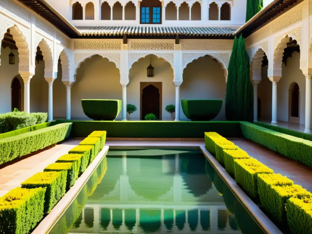 Vista impresionante de los Jardines de AlAndalus en España musulmana, con la Alhambra de fondo y una exuberante vegetación colorida