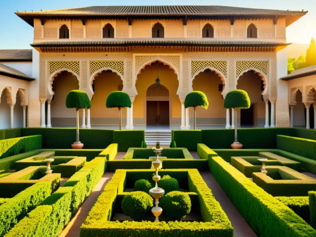 Vista impresionante del Palacio de la Alhambra al atardecer, mostrando detalles arquitectónicos moriscos y jardines vibrantes