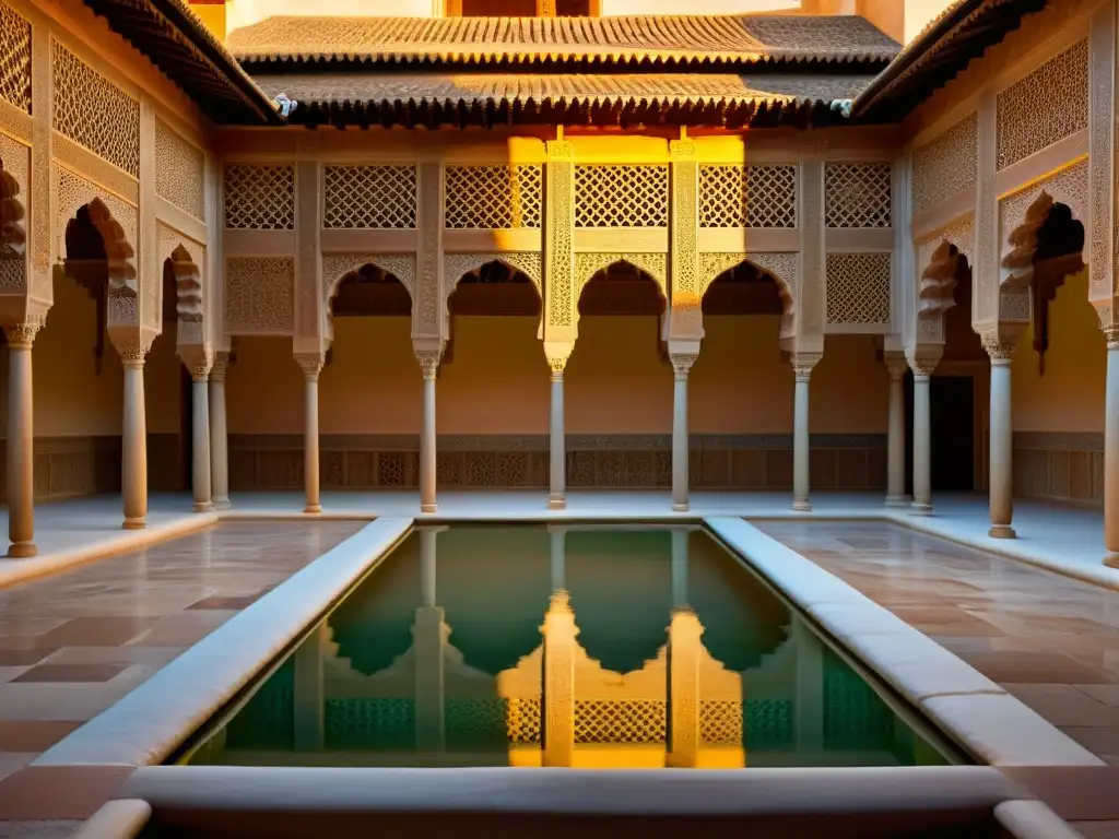 Vista impresionante del Palacio de la Alhambra al atardecer, reflejándose en las aguas tranquilas