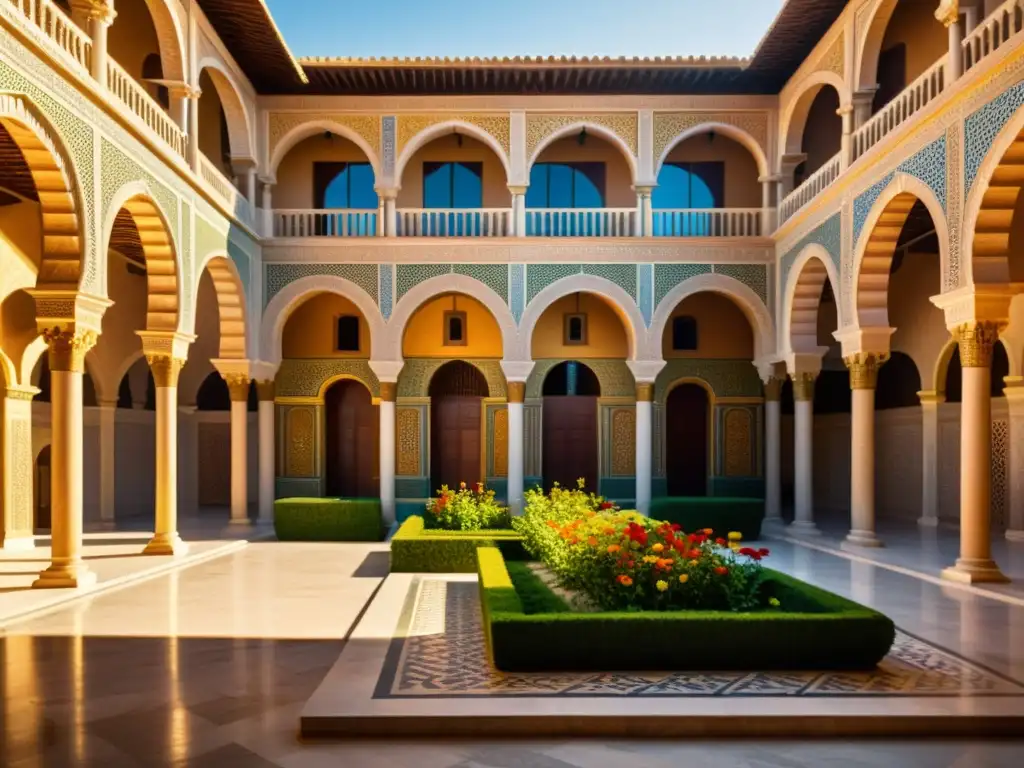 Vista impresionante del Palacio Azem en Siria, legado otomano, bañado en cálida luz dorada y rodeado de exuberante vegetación y flores