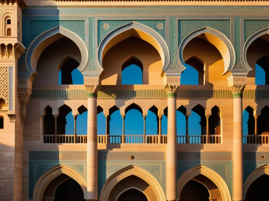 Vista impresionante del Palacio Mameluco en El Cairo, resaltando la arquitectura medieval de palacios mamelucos durante la hora dorada