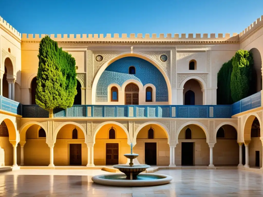 Vista impresionante del palacio real del linaje de los Hafsíes en Túnez, con detalles arquitectónicos, jardines vibrantes y una presencia imponente