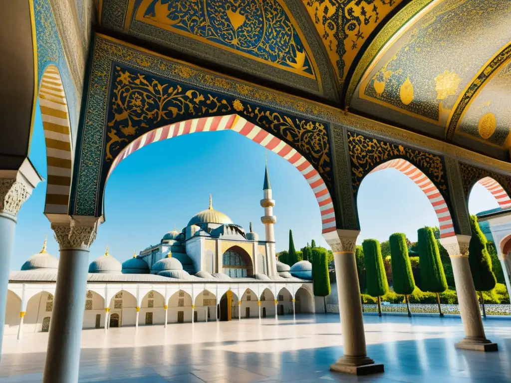 Vista impresionante del Palacio de Topkapi en Estambul, con su arquitectura ornamental y jardines exuberantes en un día soleado