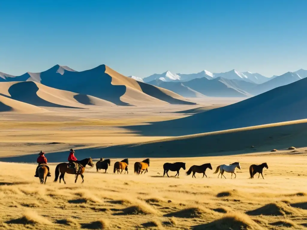 Vista impresionante de la estepa mongola con pastores nómadas, yurtas y montañas Altai, reflejando el impacto del imperio mongol en el Islam