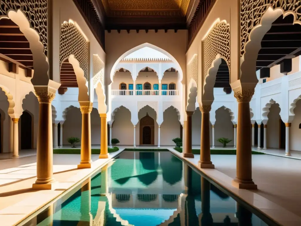 Vista impresionante de un patio islámico con reflejos de agua, arcos ornamentales y patrones geométricos, evocando contemplación espiritual islámica