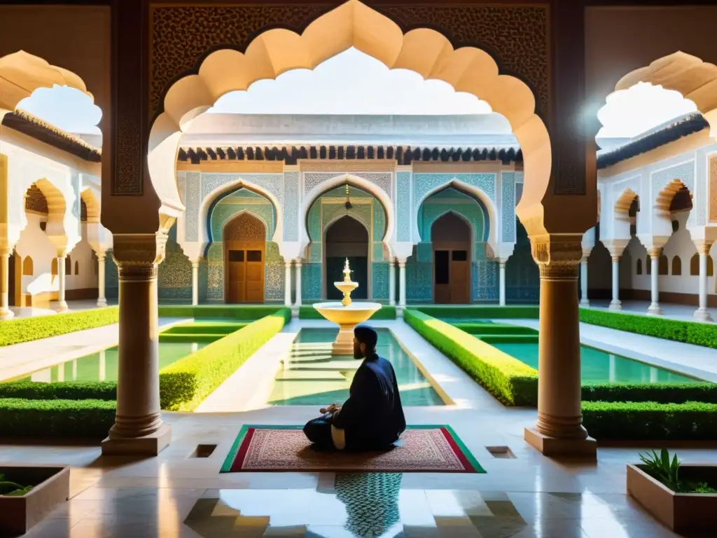 Vista impresionante del patio de una madrasa con mosaicos y jardines exuberantes