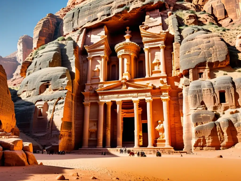 Vista impresionante de Petra, con el Tesoro esculpido en la roca rosada y el paisaje desértico