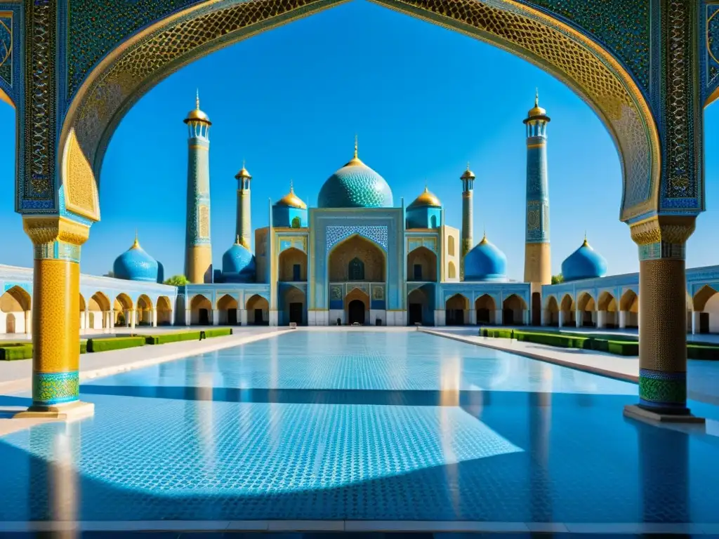 Vista impresionante de la plaza Registán en Samarcanda, Uzbekistán, con su arquitectura islámica en Asia Central, destacando detalles de azulejos azules y minaretes, bajo un cielo despejado