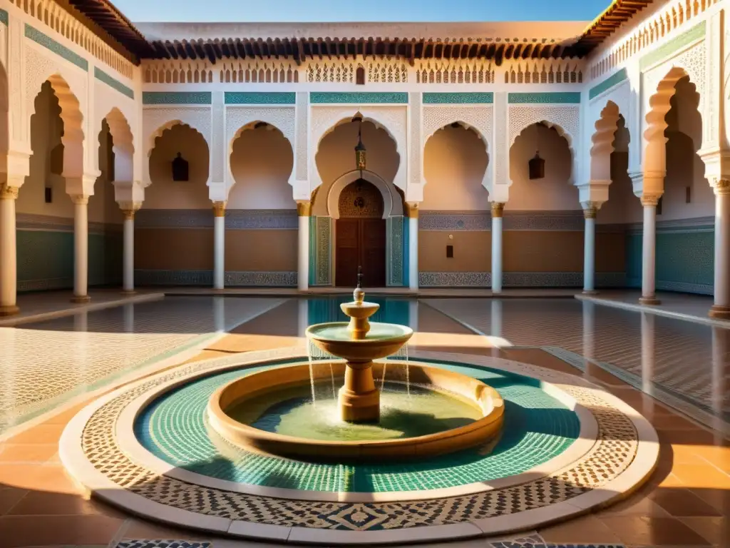 Vista impresionante de la Universidad de Al Quaraouiyine en Marruecos, reflejando historia, espiritualidad y vida académica islámica