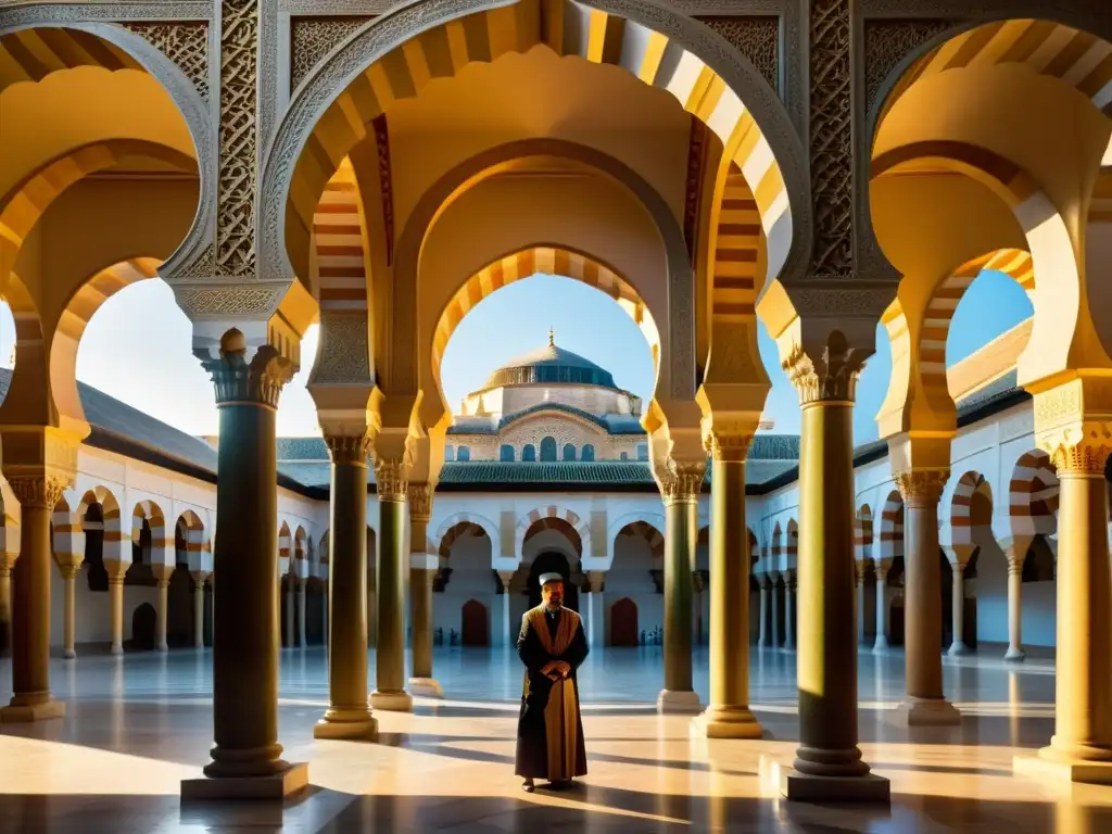 Vista impresionante de la restauración arquitectónica del legado islámico en la Gran Mezquita de Córdoba, con sus arcos, patrones geométricos y columnas ornamentadas, bañados por la cálida luz del sol, resaltando cada detalle