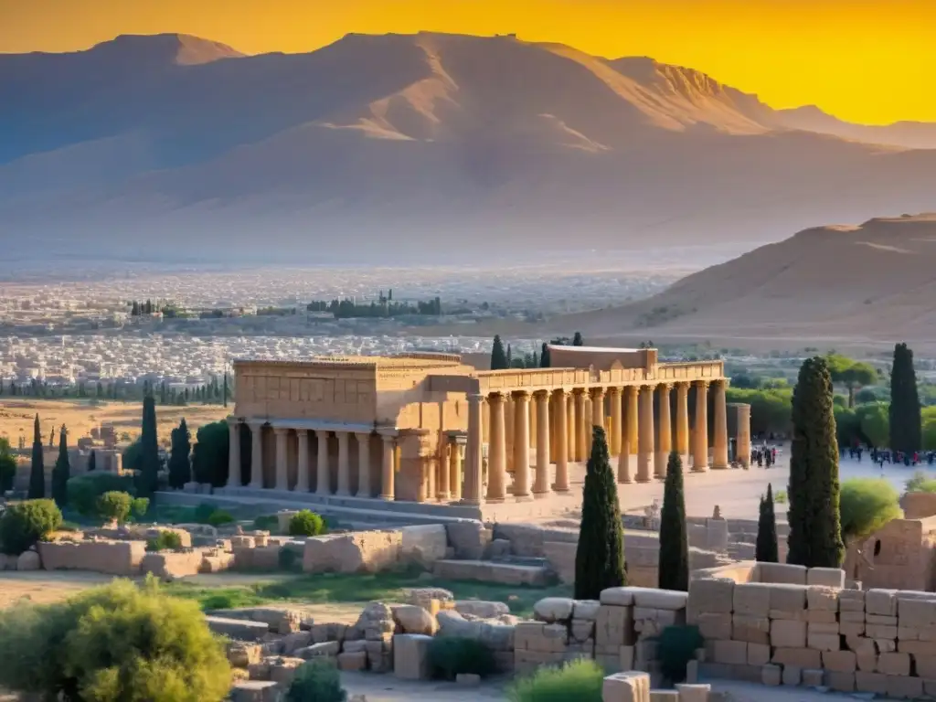 Vista impresionante de la tradición poética Persia Firdousi Saadi en las ruinas majestuosas de Persepolis al atardecer