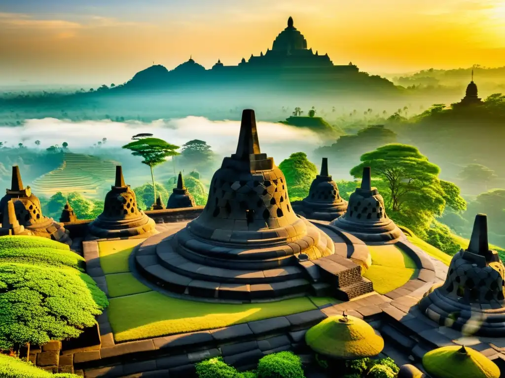 Vista impresionante del Templo Borobudur al amanecer, representando el sincretismo cultural e islámico en Java, Indonesia