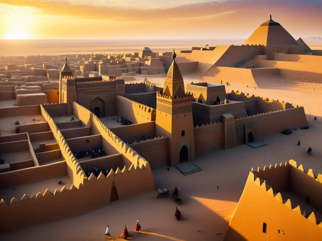 Vista impresionante de Timbuktu, mostrando sus edificios de barro y minaretes en un atardecer sahariano