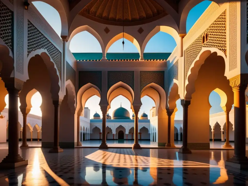 Una vista impresionante de un tranquilo patio de mezquita al amanecer, con una sensación de paz y devoción