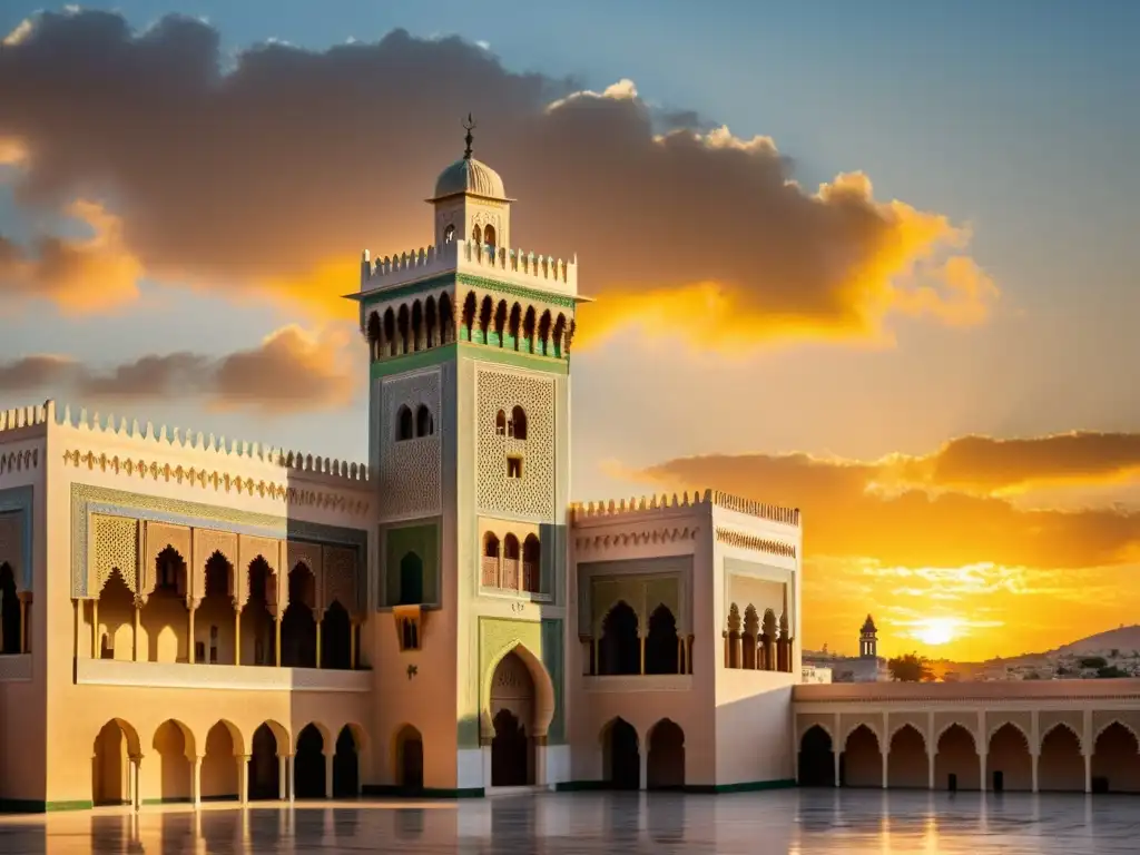 Vista impresionante de la Universidad Al-Qarawiyyin en Fez, Marruecos, con el cielo vibrante al atardecer y la actividad académica