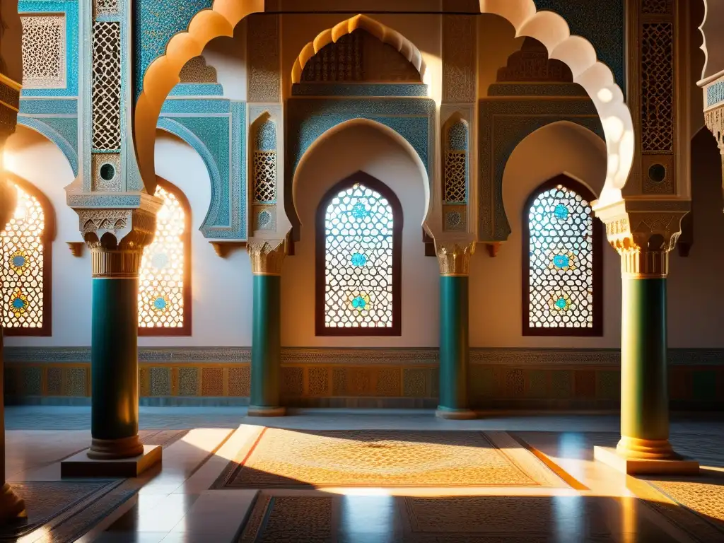 Vista interior de una antigua mezquita con intrincados diseños geométricos y mosaicos vibrantes, bañada por la suave luz del sol