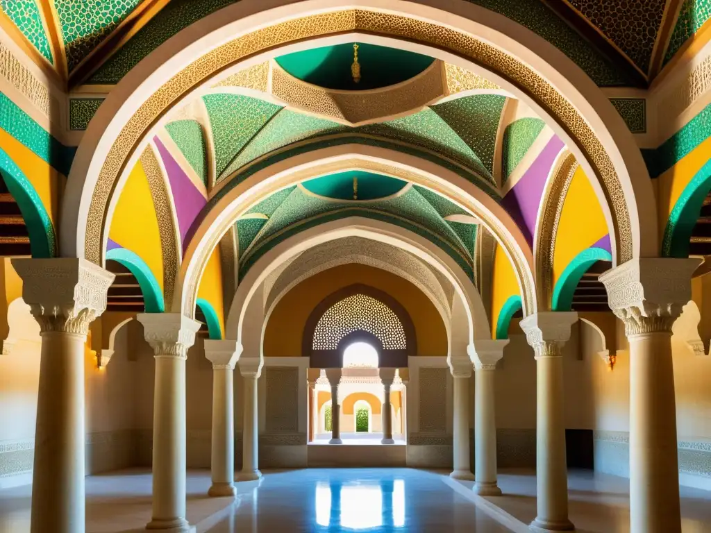 Vista interior detallada del lujoso Palacio del Califato de Córdoba, con arcos, columnas y patrones geométricos