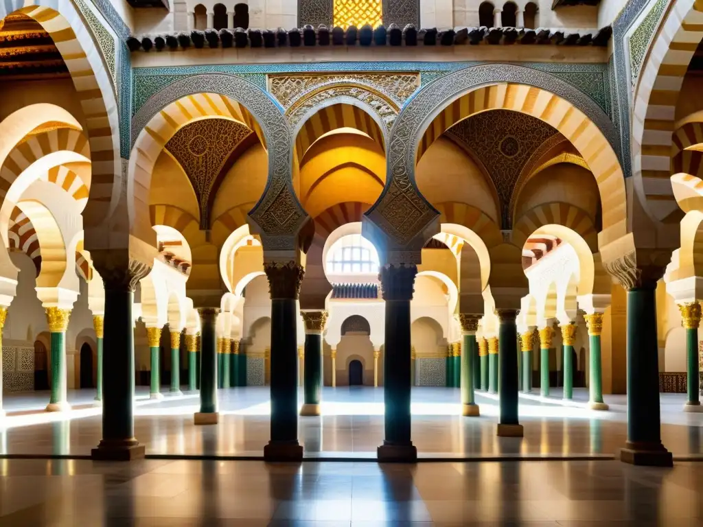 Vista interior de la Gran Mezquita de Córdoba, resaltando su historia y arquitectura con impresionantes detalles arquitectónicos islámicos