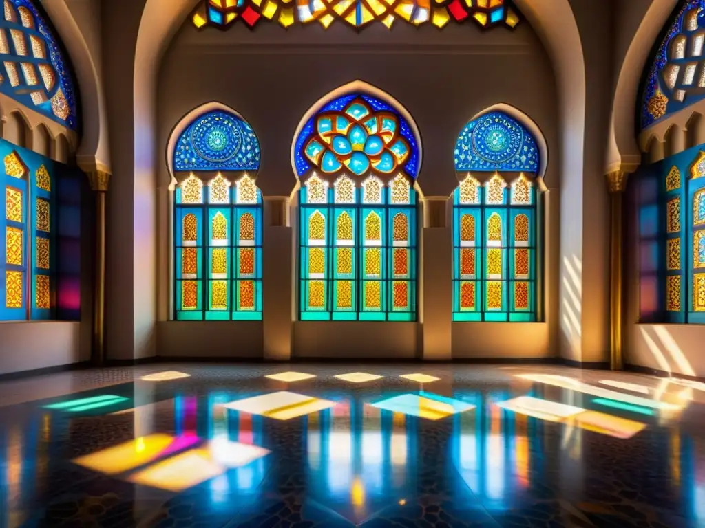 Vista interior impresionante de una mezquita islámica con vitrales simbolizando la iluminación espiritual