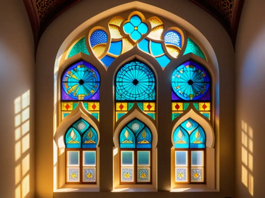 Vista interior de una mezquita histórica con luz solar filtrándose a través de vitrales, creando metáforas espirituales de la luz