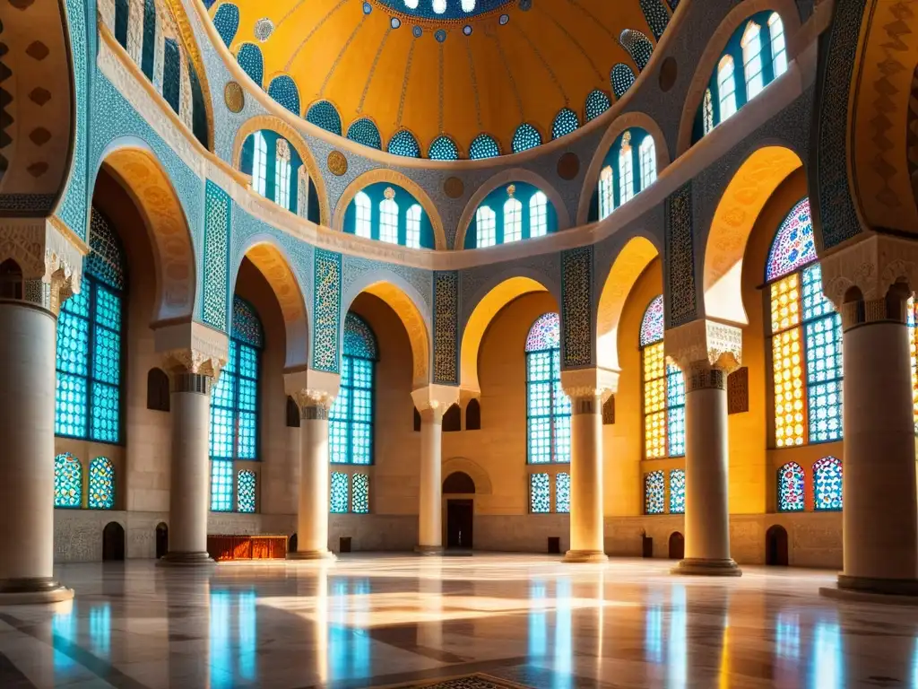 Una vista interior de la mezquita Süleymaniye en Estambul, con sus impresionantes patrones geométricos y diseños caligráficos