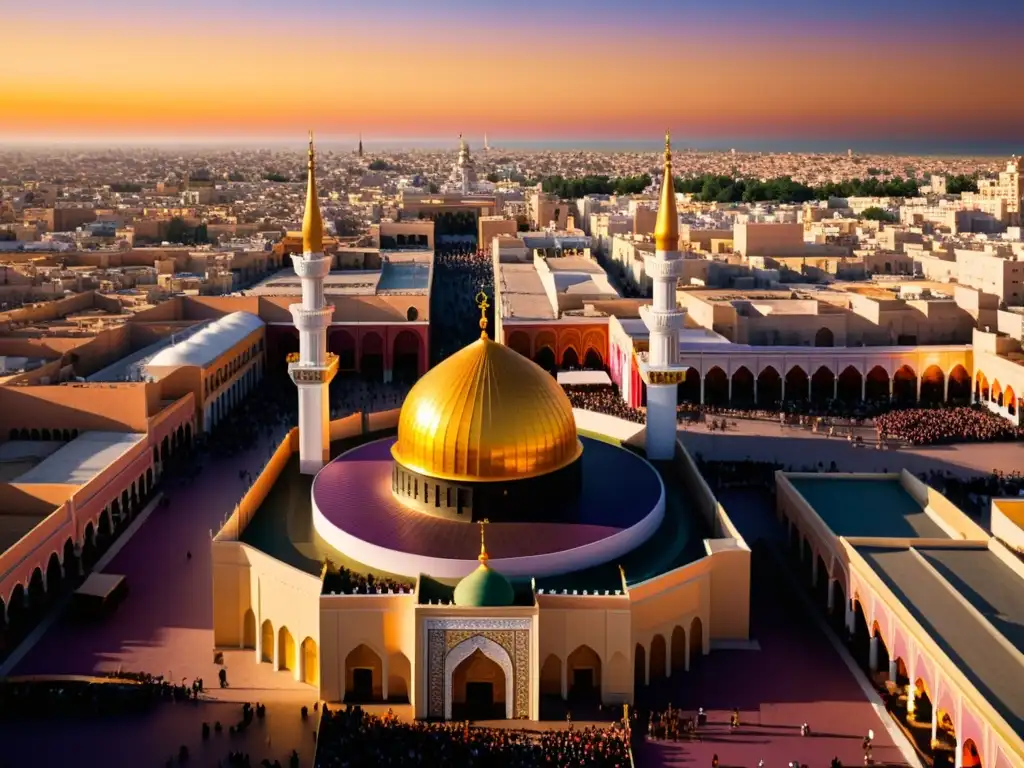 Vista de Karbala al atardecer, con la luz dorada resaltando la cúpula del Santuario del Imam Hussein