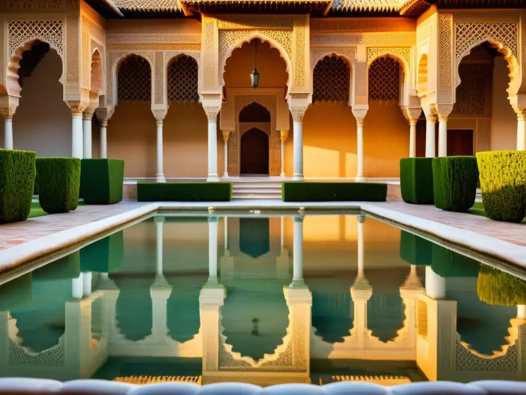 Vista mágica de la Alhambra al atardecer con detalles de la identidad artística mudéjar en el mundo islámico