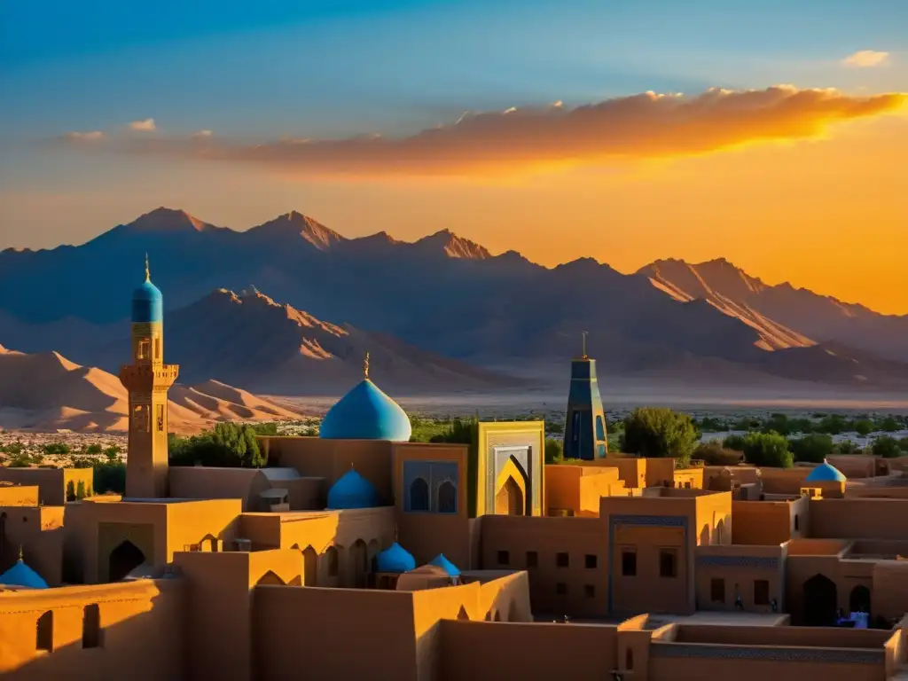 Vista mágica de la Ciudad del Fuego Sagrado Yazd al atardecer, con sus torres y calles iluminadas por el cálido sol